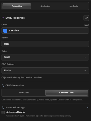 Properties tab showing entity settings