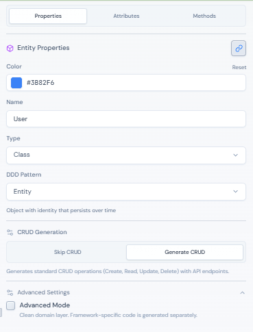 Properties tab showing entity settings