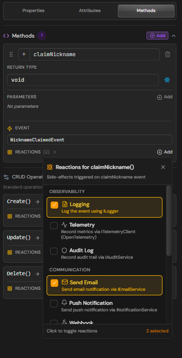 Reactions configuration