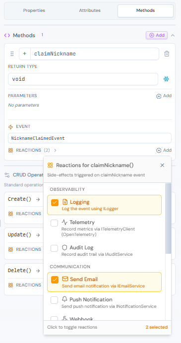 Reactions configuration
